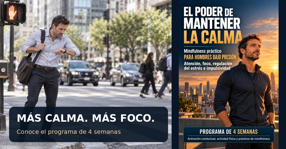 Un hombre apurado cruza la calle mirando la hora, junto a la portada del programa El Poder de Mantener la Calma