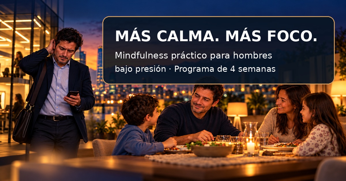 Un hombre llega estresado mirando su teléfono mientras, al fondo, su familia cena riendo en la terraza